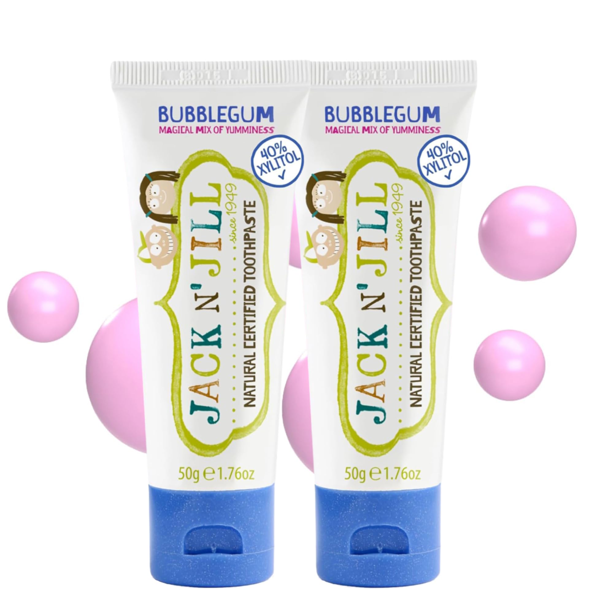Jack N’ Jill Natural Certified Kids Toothpaste – Fluoride-Free Toddler & Baby Toothpaste with 40% Xylitol, No Sugar, Suitable from 6 Months+, Organic Bubblegum Flavour, Pack of 2 (50g Each)