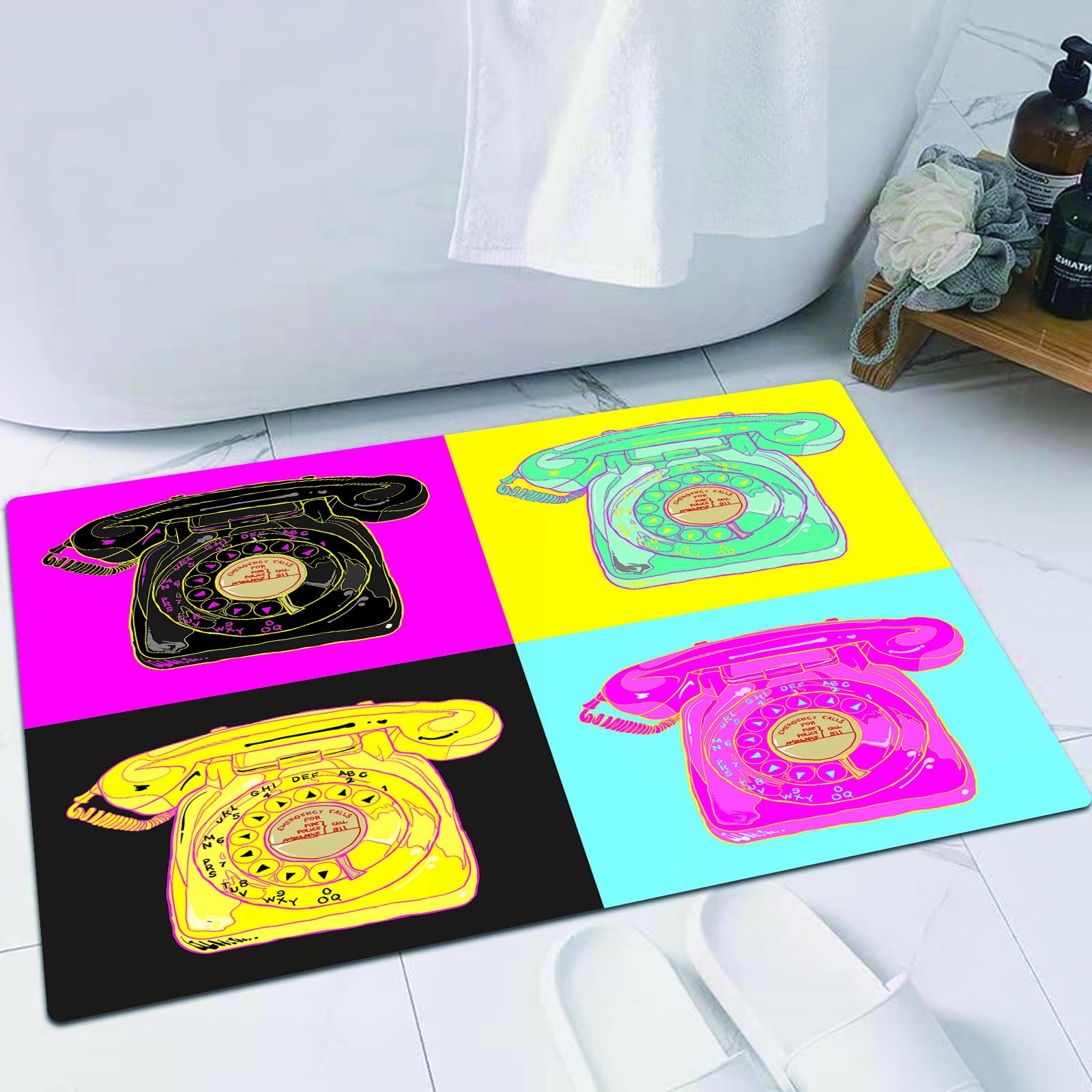 EMFSLA Bath Mat 16x24 in,Communication Colorful Drawing Color Warhol Pop Telephone Andy Funky Cool Fun Desi,Non-Slip Bathroom Mat Machine-Washable,Ultra Soft and Water Absorbent Bath Rug for Bathroom