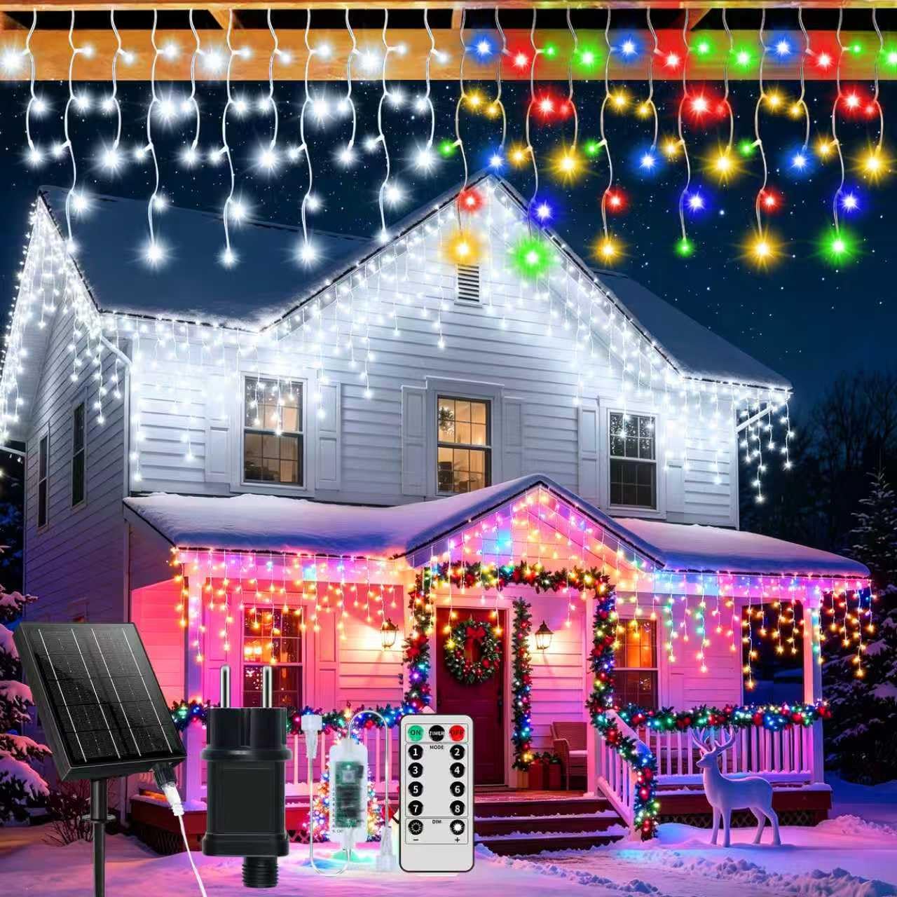 Guirlande lumineuse solaire d'extérieur en forme de stalactites 600 LED 25 + 5 m étanche Blanc + couleurs