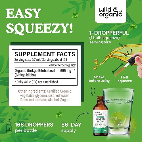 Miniatura 3 de Wild & Organic Gotas de extracto de ginkgo biloba, apoyo para el cerebro y la concentración, suplementos líquidos de ginkgo biloba, tintura de