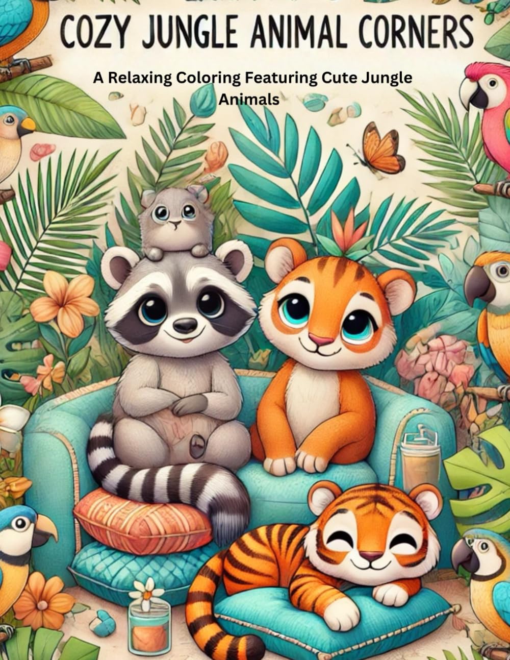 Cozy Jungle Animal Corner: A coloring book for adults and kids, featuring bold and easy designs in a cozy jungle world filled with adorable animals,