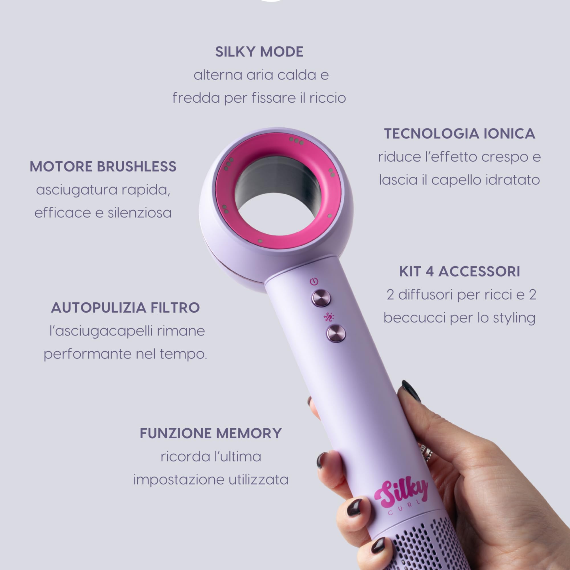 Silky Curl Asciugacapelli Ionico con Diffusore Micro Vortice Controllato, Phon per Ricci Perfetti, Riduzione del Crespo, Massima Idratazione, 3 Velocità e 4 Temperature