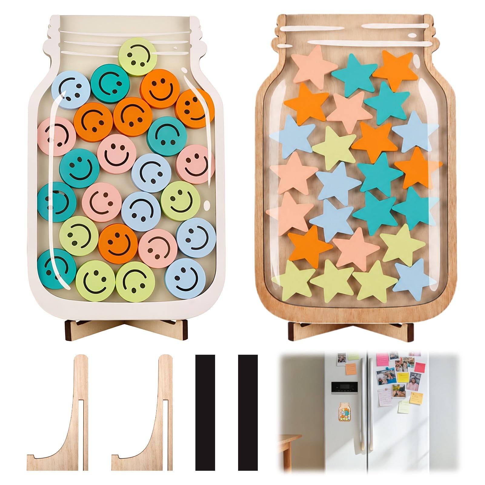 2 Pack Magnetic Reward Jar with Colourful Stars, Wooden Face Behaviour Reward Chart, Star Reward System for Home, School, Reading, Chores and Daily Routine