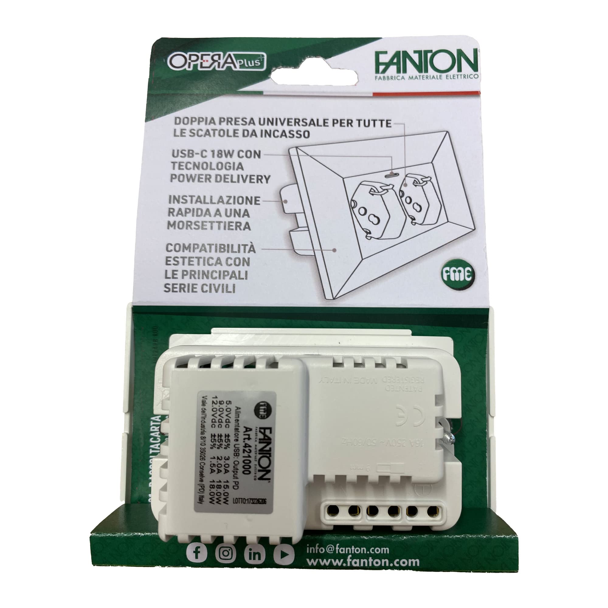 FANTON 421000 Multipresa universale da incasso OPERA/PLA doppia presa bipasso 2P+T 16A 1 presa USB-C 5V 3A precablata 3 moduli + adattatore USB C/A