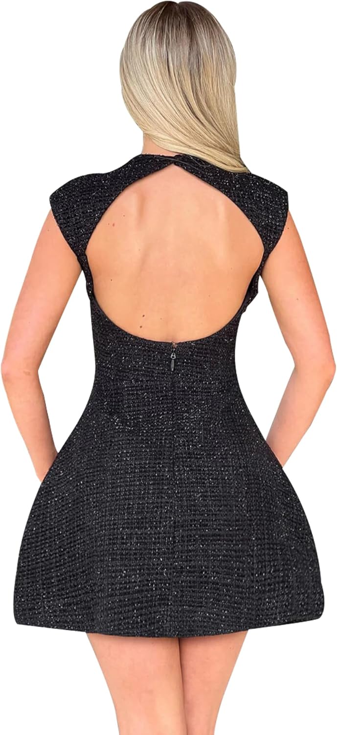SHESEEWORLD Women's Cap Sleeve Mock Neck Sexy Cutout Backless Button Mini Dress A Line High Waist Slim Cocktail Party Dresses - Image 3