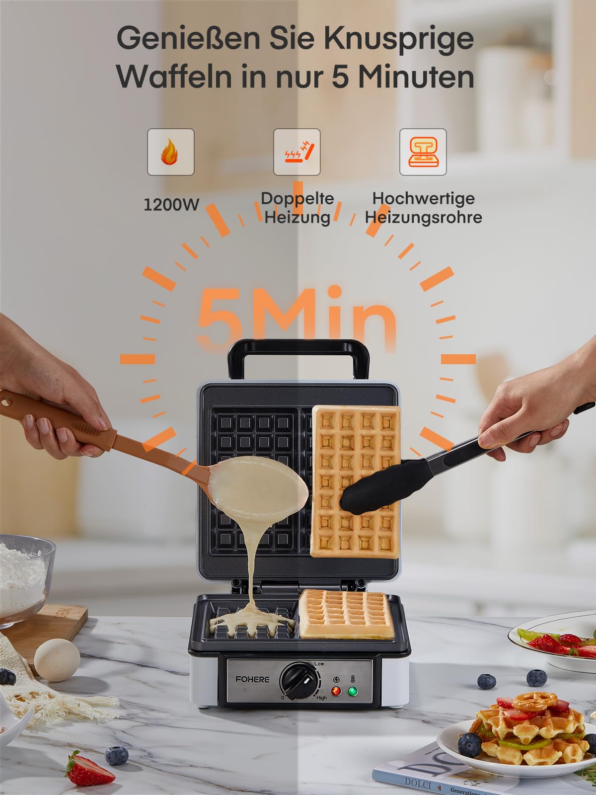 XL 2er Waffeleisen | 1200 Watt | Waffelautomat | Paninigrill | Waffeltoaster | Waffle Maker | Elektrogrill | XXL Wafflemaker | Waffel Eisen | Antihaftbeschichter FOHERE Waffelmacher