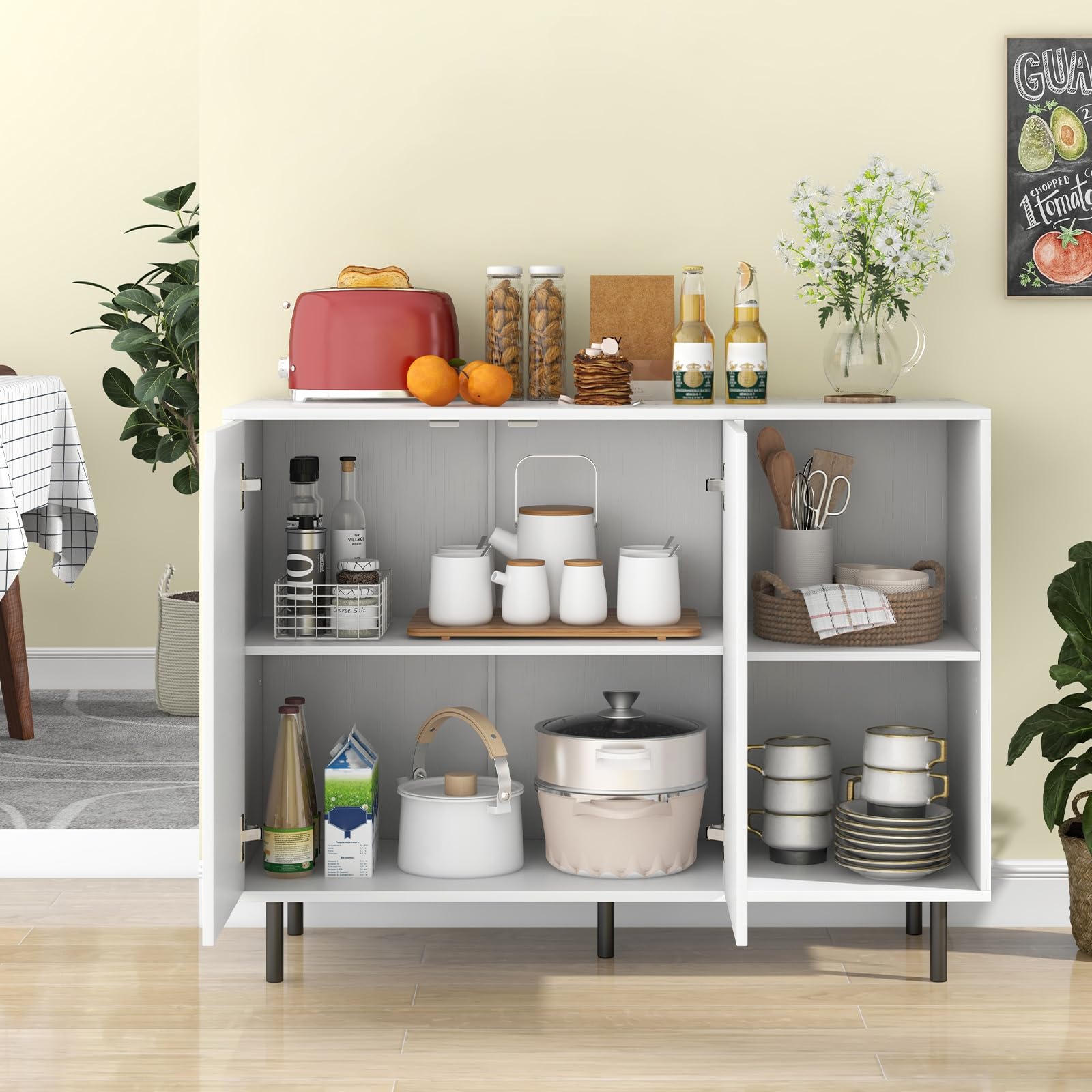 KOMFOTTEU Credenza Cucina Bianca, Armadio Dispensa con Ante, Ripiano Regolabile in 5 Livelli e Dispositivo Anti-Ribaltamento, Mobile Buffet per Soggiorno e Corridoio, 106x38x80cm (L x P x A) (Bianco)