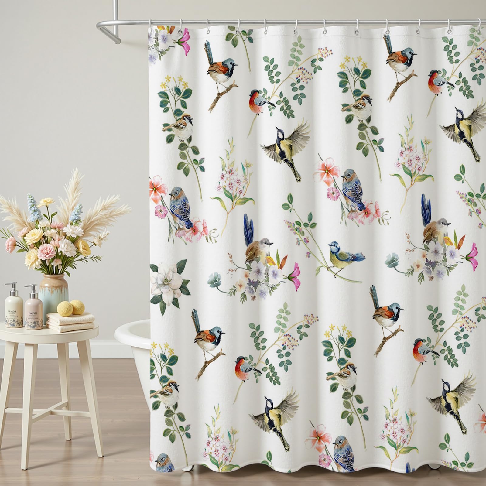 Avezano Bird Shower Curtain Floral Botanical Boho Birds Bathroom Shower Curtain Bird Farmhouse Aesthetic Waterproof Fabric Shower Curtains Bathtub Decor with 12 Hooks 72 X 72 Inch