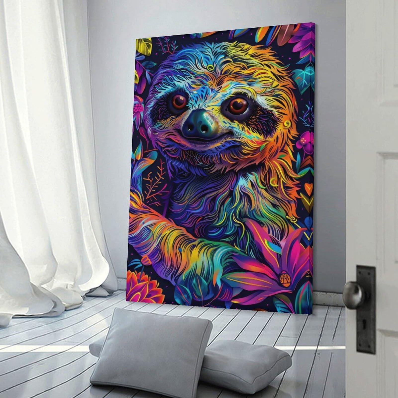 Junmoney Frame-Style-17 Neon Trippy Sloth Portrait With Floral Background Hanging Wall Art, 24X36inch(60X90cm), For Bedroom Decor, Cosy Corners Or Studios, An Easy Wall Refresh For Bedrooms
