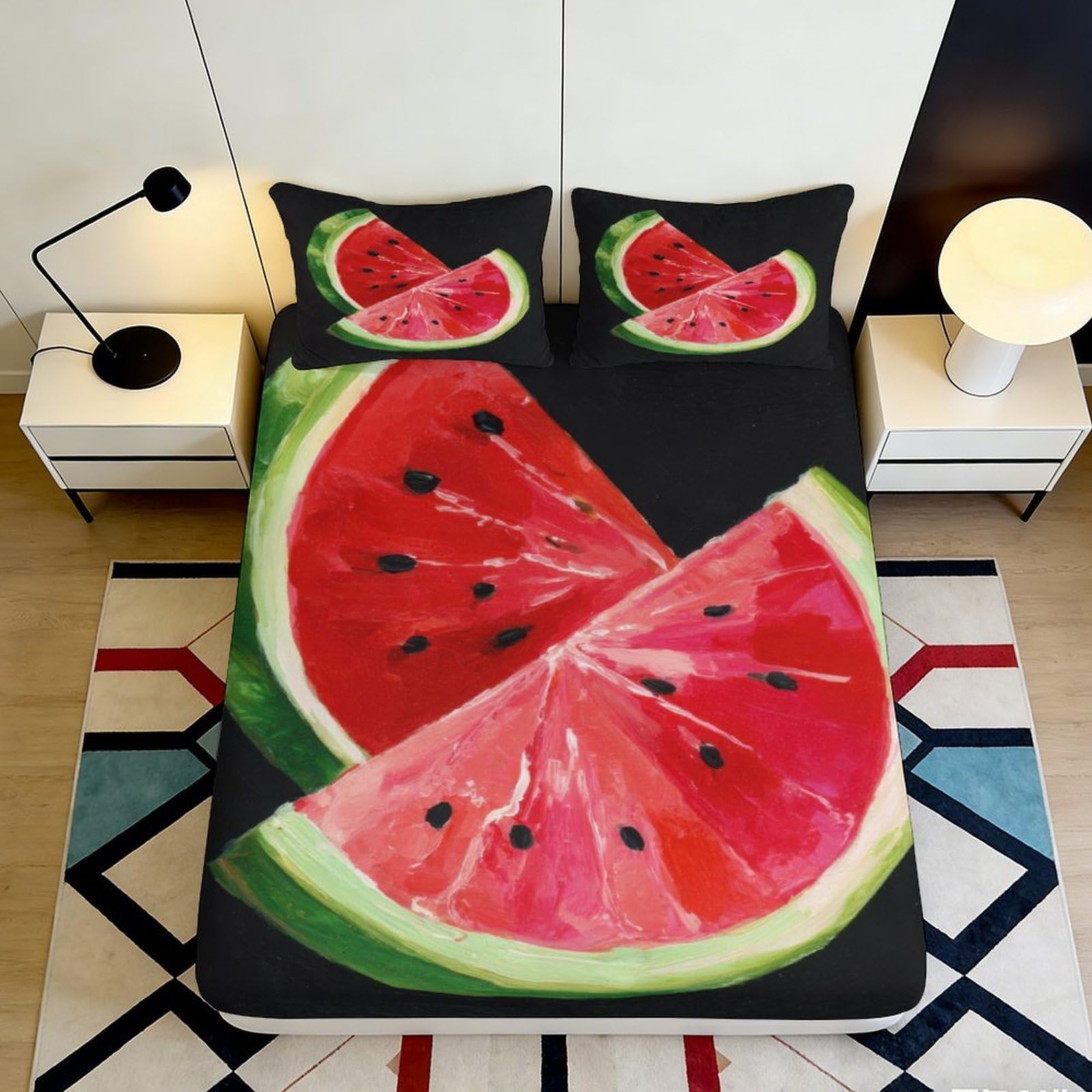 3D Printed Watermelon Slice Fitted Sheet Microfiber Anti-Slip Red Green Fruit Bed Cover for Bedroom Dorm Mattress Decor 120x200x25cm