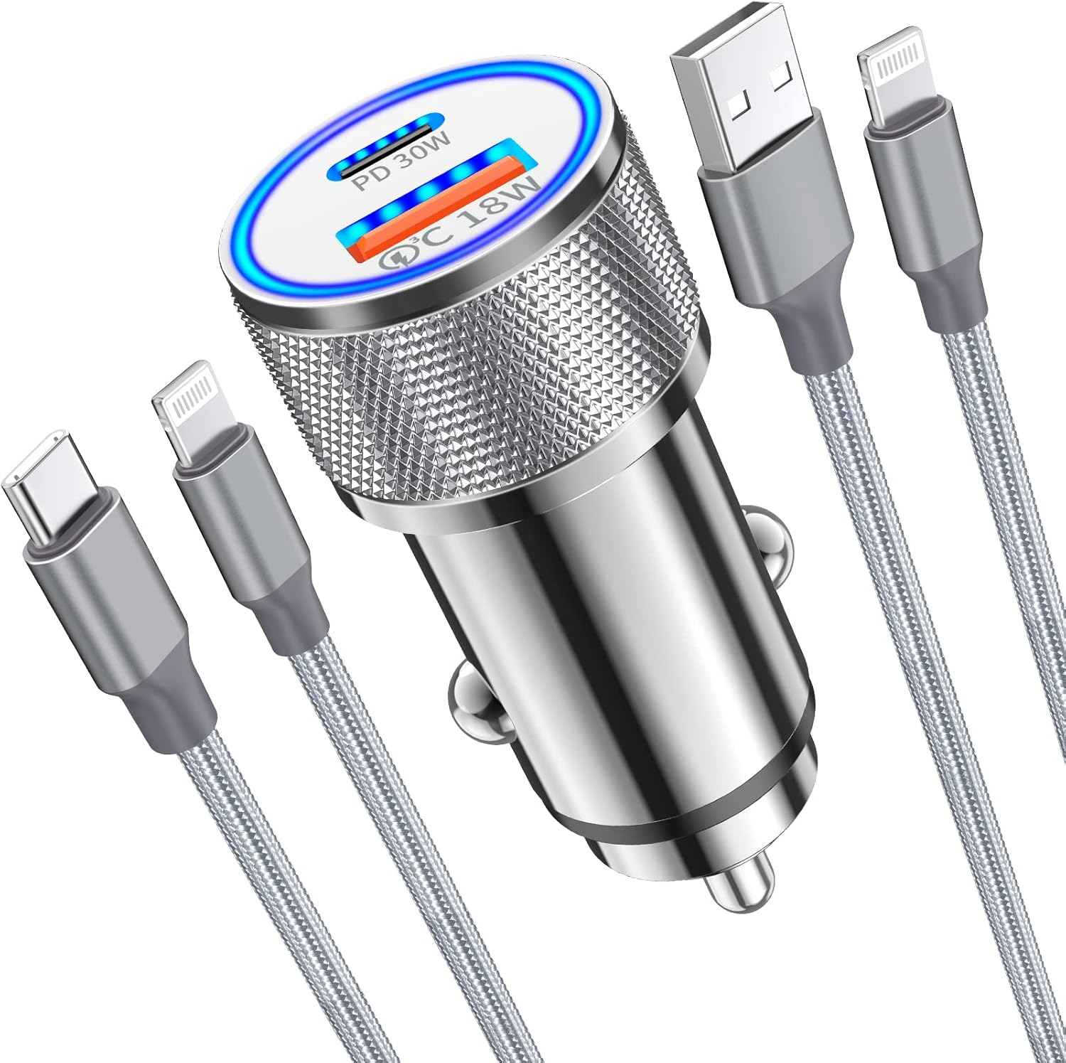 [Apple MFi Certified] iPhone Fast Car Charger, Veetone 48W Dual Port USB C Power Delivery All Metal Car Adapter with 2 Pack Lightning Cable, PD/QC 3.0 Type C Rapid Car Charging for iPhone/iPad/Airpods