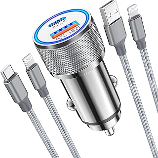 [Apple MFi Certified] iPhone Fast Car Charger, Veetone 48W Dual Port USB C Power Delivery All Metal Car Adapter with 2 Pack Lightning Braided Cable, PD/QC3.0 Quick Car Charging for iPhone/iPad/Airpods