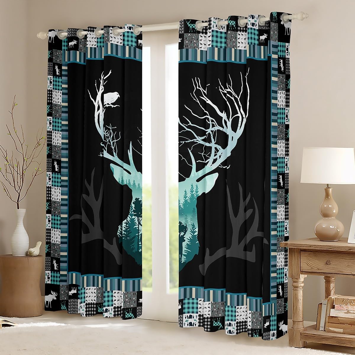 Rustic Hunting Deer Window Curtains Teens Adult Women,Cartoon Curtain for Bedroom,Woodland Cabin Draperies for Living Room,Farmhouse Country Window Treatment Drapes Set of 2 Panels,42Wx90L