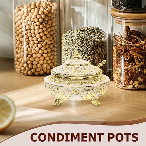 Miniatura 8 de Veemoon Recipiente para platos turcos, servidores de dulces dorados, recubiertos a mano, de latón, tarro de plato para servir con tapa y cuchara,