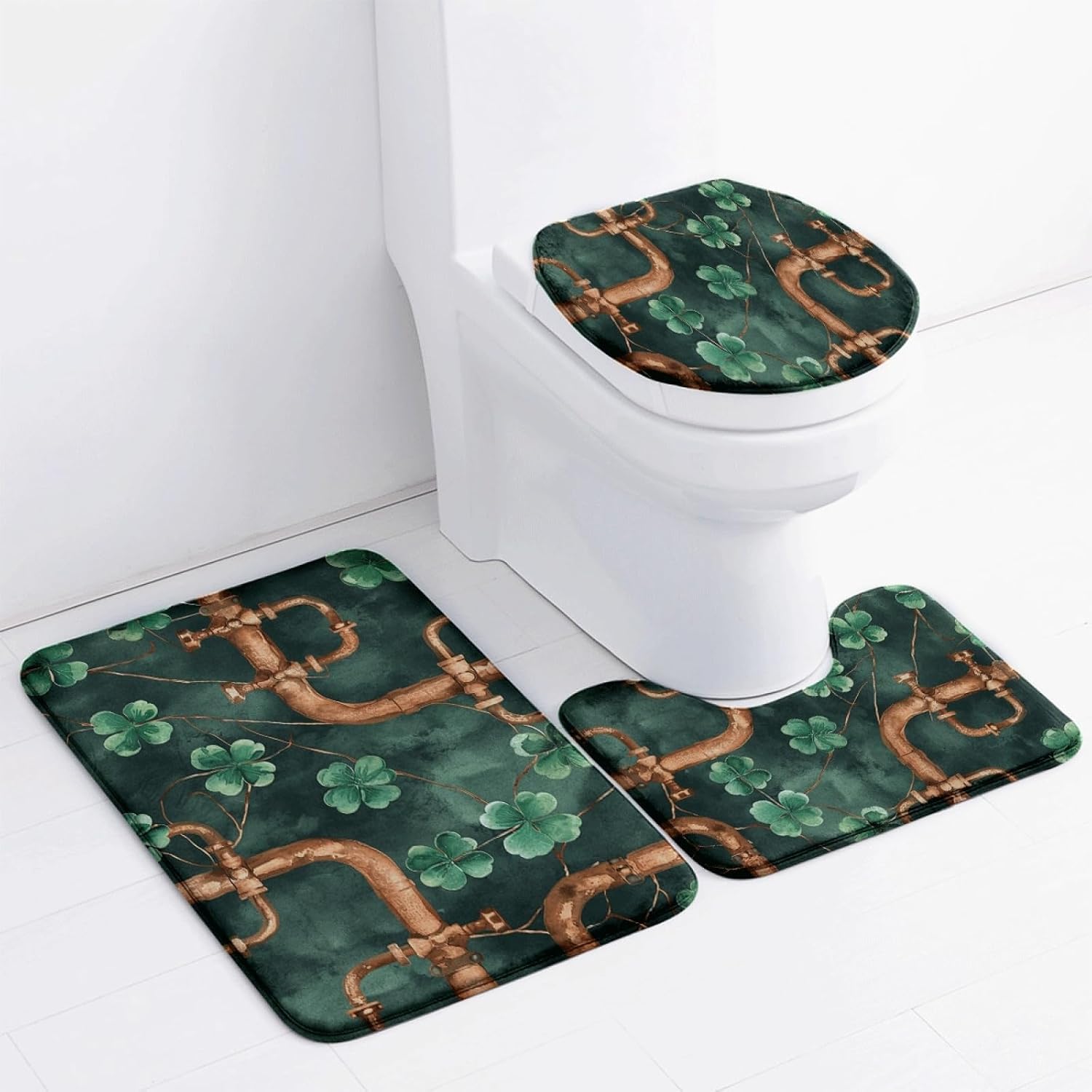 Set di tappetini da Bagno 3 Pezzi Foglie Verde Marrone Antiscivolo per Il Bagno Tappeto Lavabile in Memory Foam Tappeto Copriwater Tappetini a Forma di U 50x80 cm