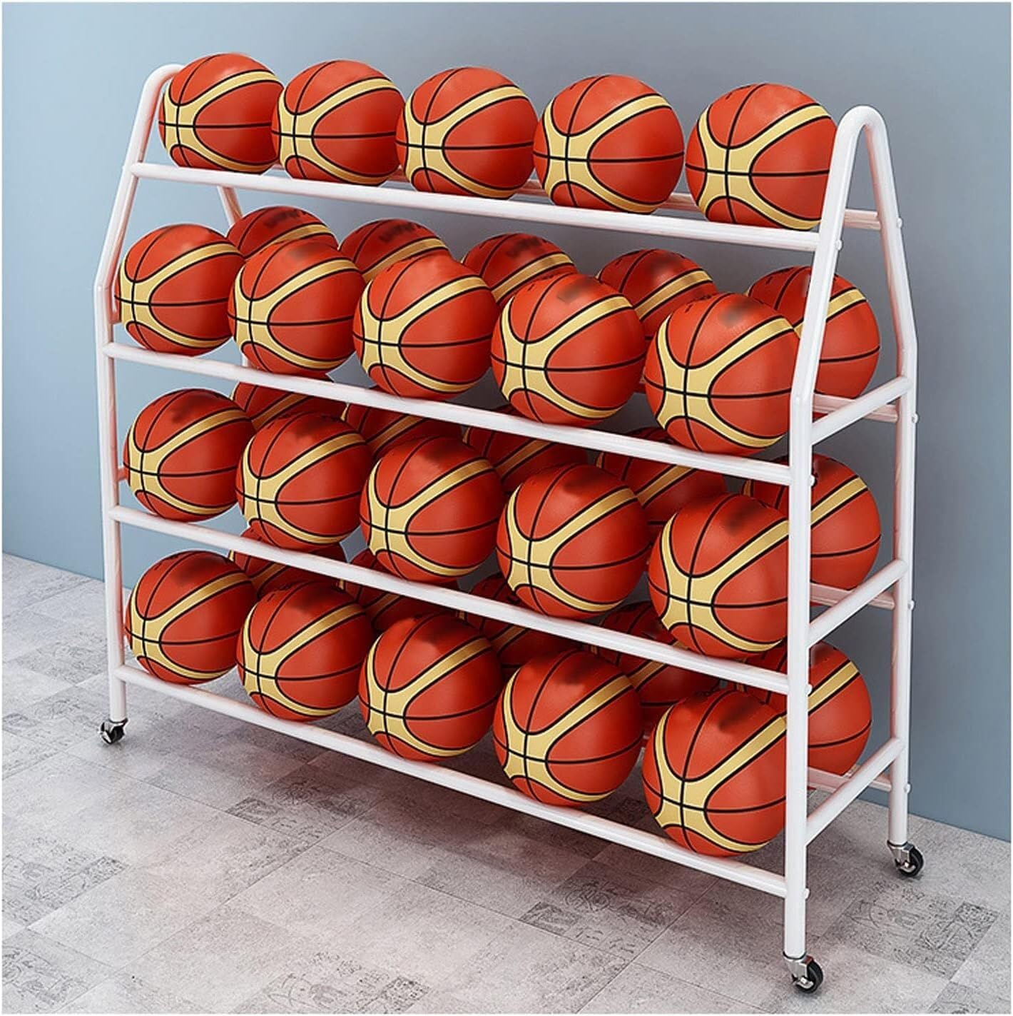 Basketballregal, Ballorganizer Garagenaufbewahrungsballregal 4-lagig, 35 Bälle Robuste Konstruktion, für Basketball, Fußball, Volleyball, Ballaufbewahrung Garagenorganisator (Weiß 97cm (38 Zoll), Weiß