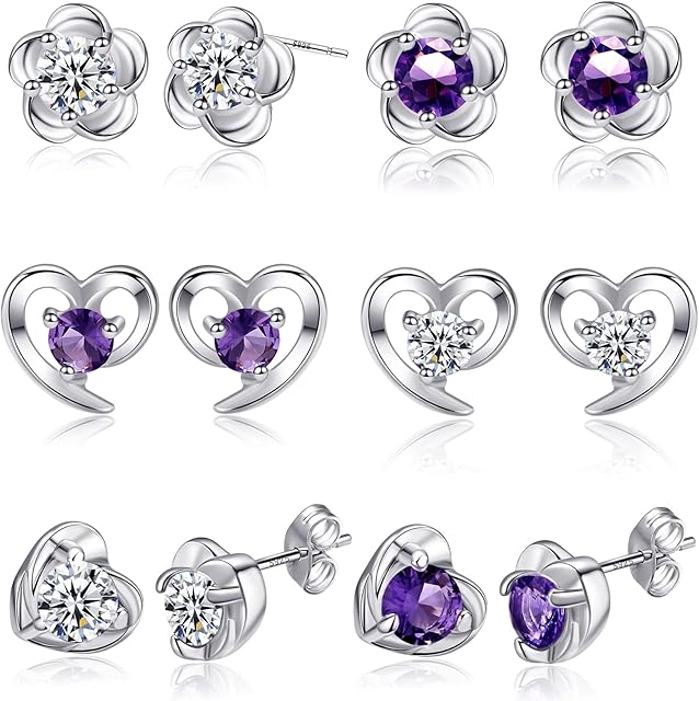 Sterling Silver Stud Earrings S925 Silver Stud Earrings For Women Round Heart Shape Flower Butterfly Cubic Zirconia Silver Studs For Girls Small Cartilage Stud Earrings Set