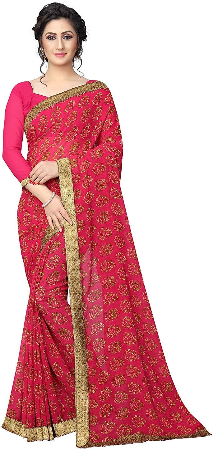 RAJESHWAR FASHION WITH RF Women's Plain weave Georgette Saree with Blouse Piece (Pink)
