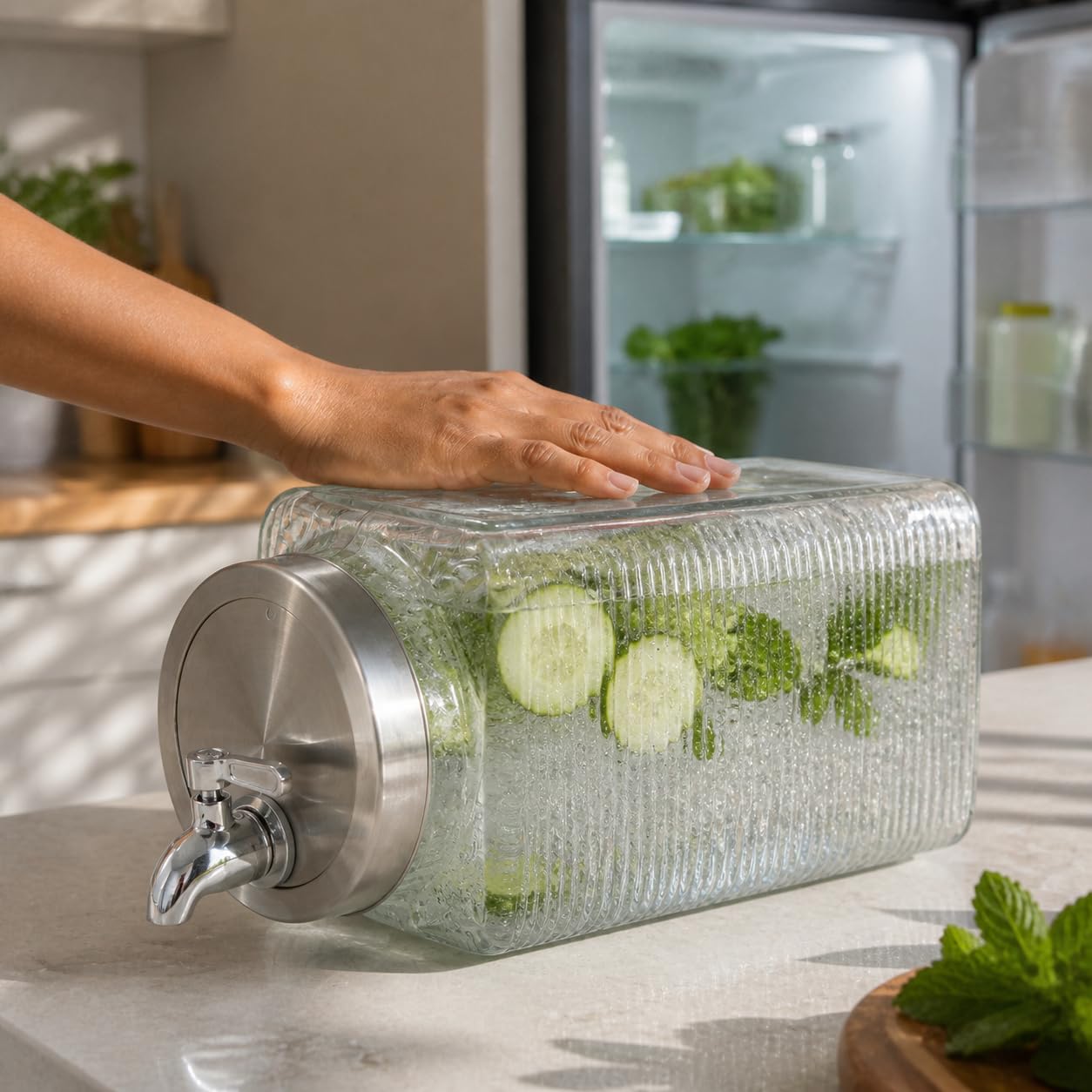 Dispenser Acqua e Bevande in Vetro per Frigorifero con Rubinetto Anti-Intasamento, Giapponese, Sigillatura migliorata per evitare odori nel frigorifero