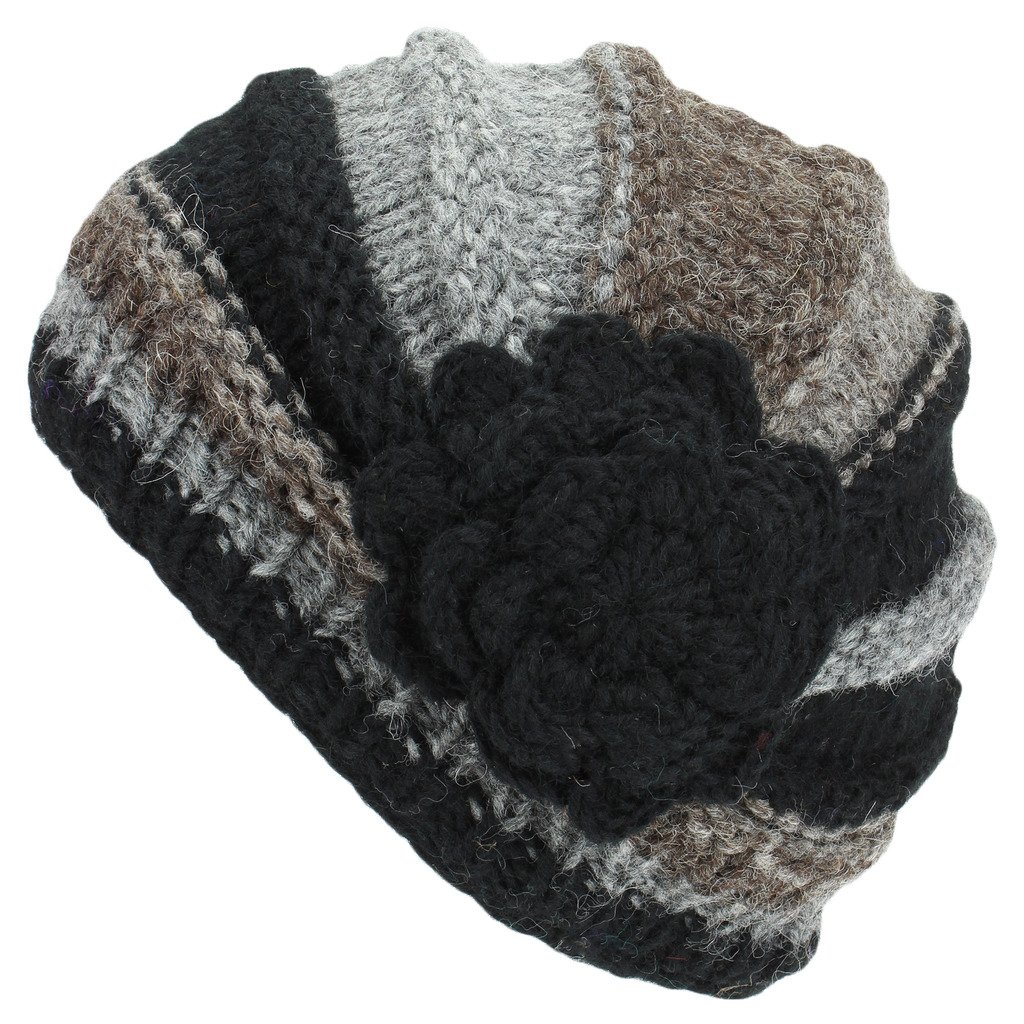 Loud Hats Black Wool Knit Beanie Hat Shell Shaped with Crochet Flower Applique