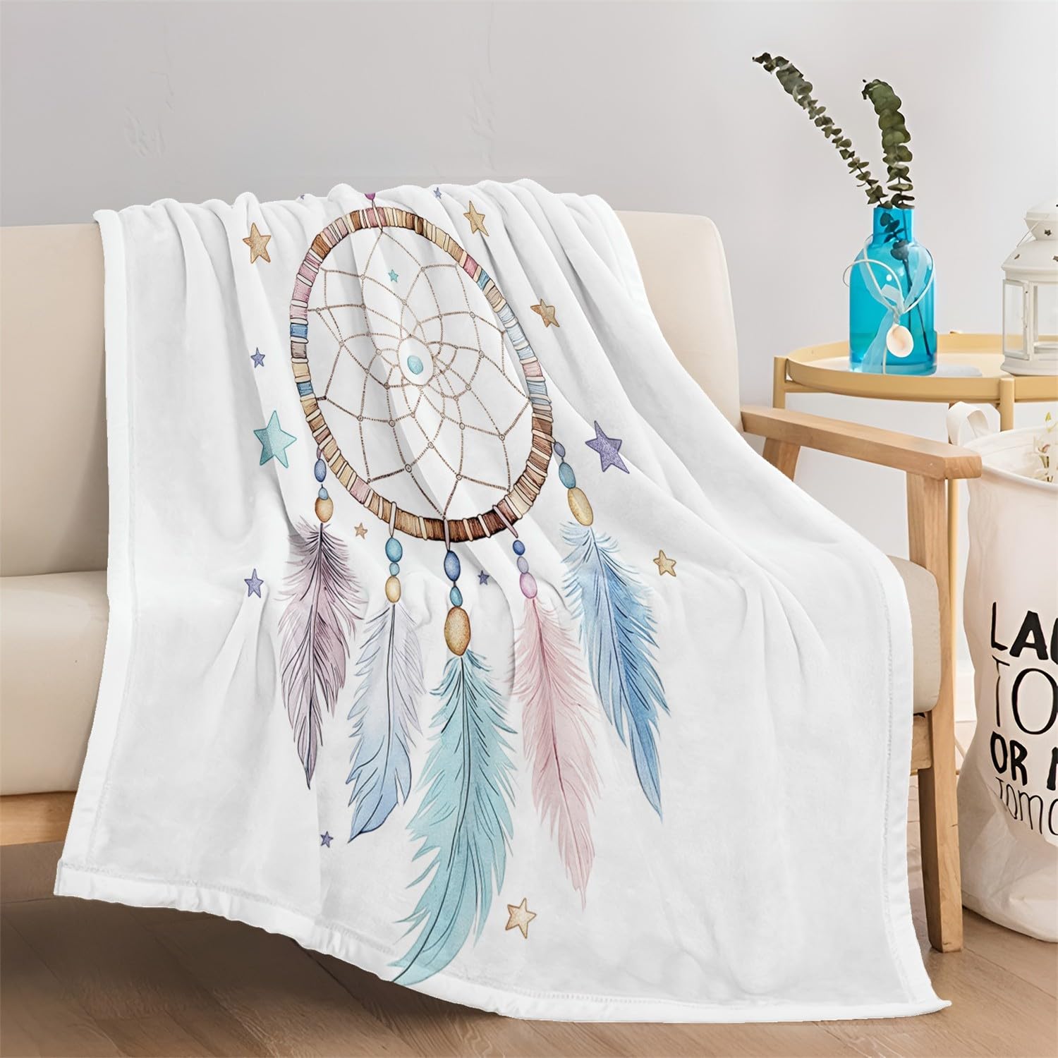 Manta de Franela Atrapasueños Boho con Estrellas Manta de Microfibra Ligera y de Terciopelo Suave para sofá 150X 180 Color Manta Suave y cálida para la Cama
