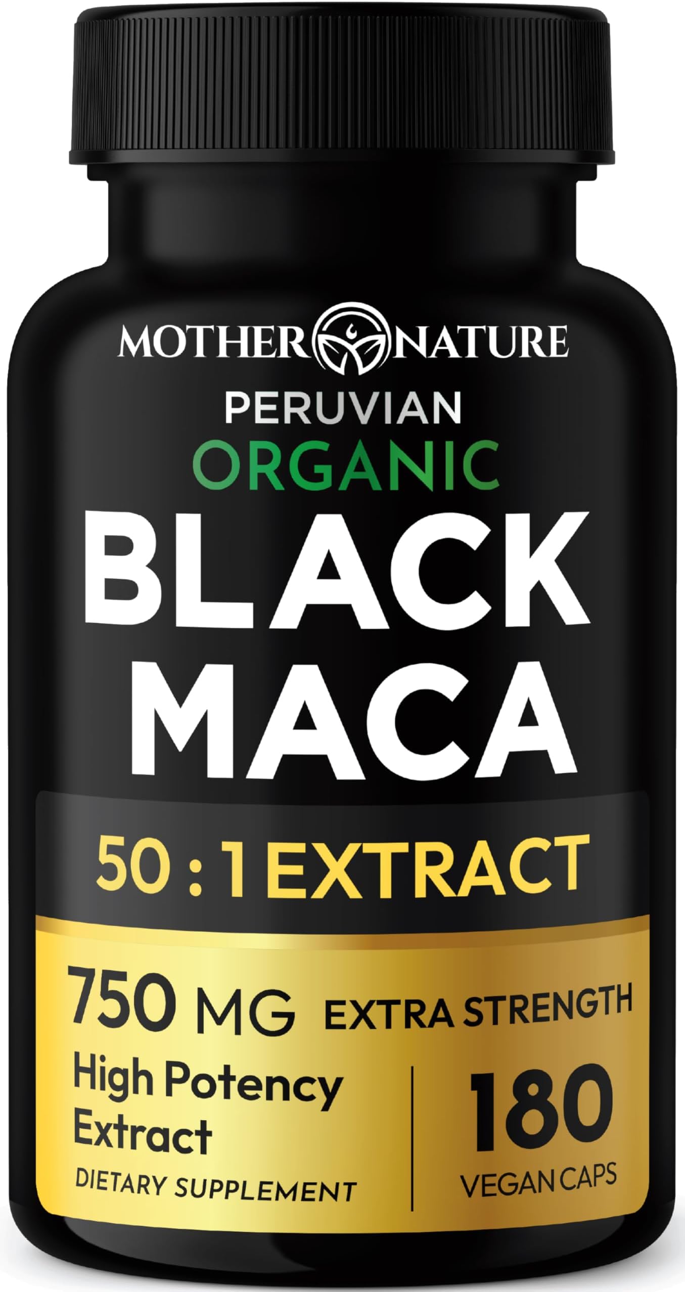 Black Maca Root 50:1 750mg – 180 Capsules Organic Peruvian Maca Peruana Supplement for Men | High Potency Energy, Mood & Performance Support | Vegan, Non-GMO