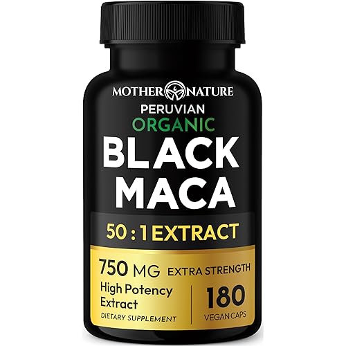 Black Maca Root 50:1 750mg – 180 Capsules Organic Peruvian Maca Peruana Supplement for Men | High Potency Energy, Mood & Performance Support | Vegan, Non-GMO