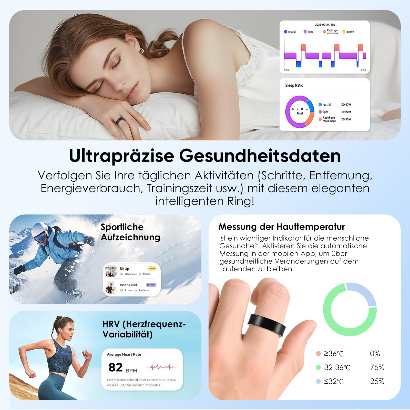 Anello intelligente per iOS/Android, anello fitness AI con cardiofrequenzimetro, misurazione della saturazione di ossigeno nel sangue, anello smart per Android iOS, impermeabile (taglia 11
