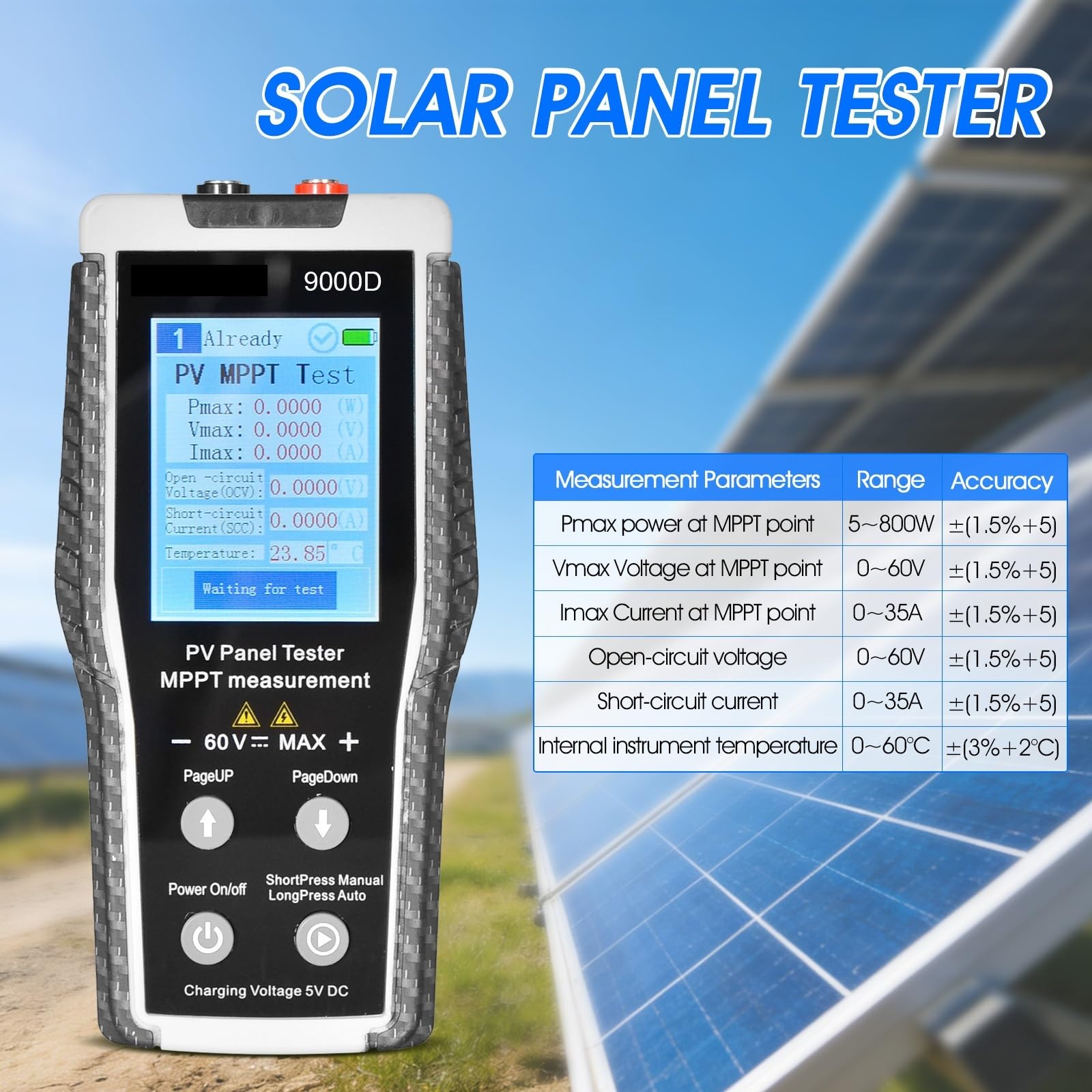 Tester paneli słonecznych MPPT 800 W, multimetr fotowoltaiczny PV, analizator fotowoltaicznych Narzędzie testowe Voc/Isc Wyczyść wyświetlacz