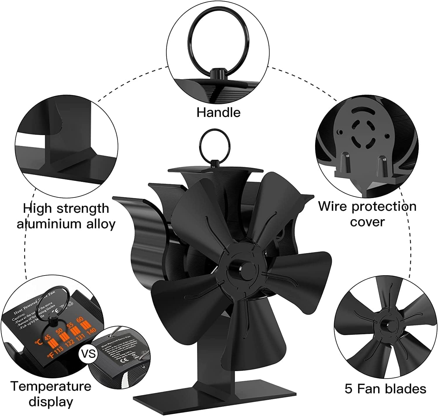 Ventilador para Chimenea, Ventilador Termodinámico de 5 Aspas, No Requiere Electricidad, Circulación de Aire Caliente, Adecuado para Estufa de Leña, Chimenea, Estufa de Pellets, Estufa de Leña