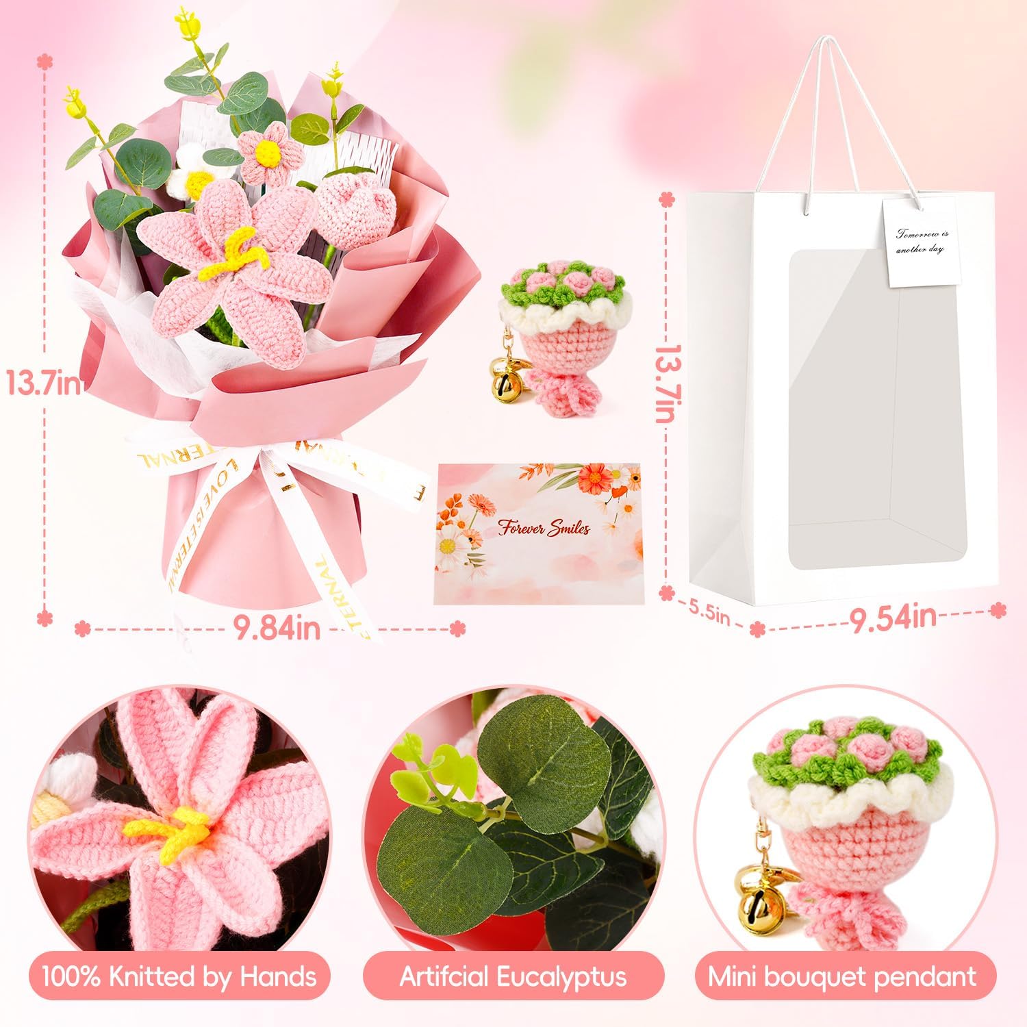 crochet flower bouquet,hand-knitted tulips,knitted floral gift,perfect for Valentines Day,Birthday Mother's Day Graduation Gifts. (Includes: crocheted flower pendant,gift bag,and greeting card)