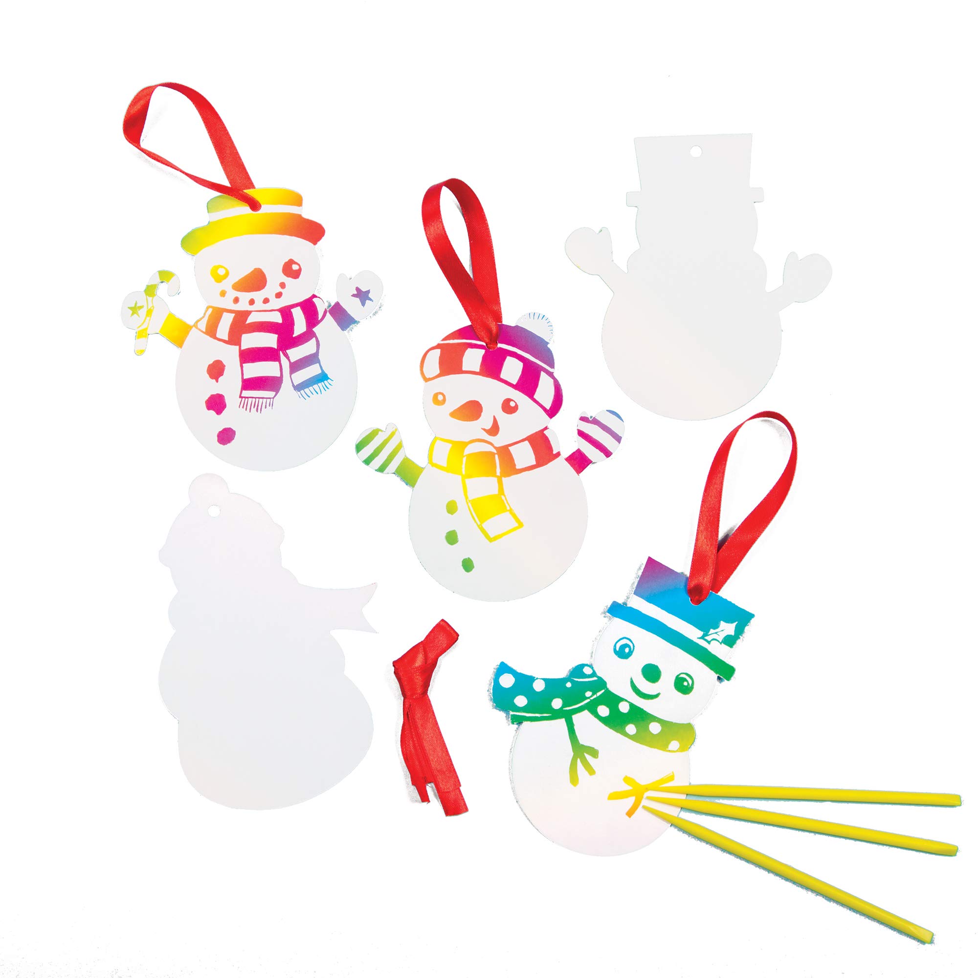 Baker Ross EF410 Snowman Scratch Art Decorations - Pack of 10, Christmas Tree Ornaments Made with Rainbow Magic Paper, for Kids to Decorate in Arts and Crafts Activities, White