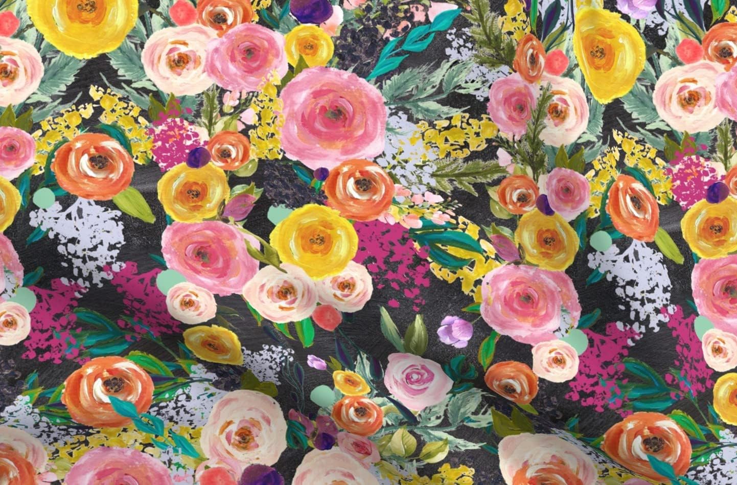 Spoonflower Fabric - Autumn Blooms Floral Print Chalkboard Large Colorful Flowers Black Printed on Organic Cotton Sateen Fabric by The Yard - Sewing Quilting Apparel Home Decor