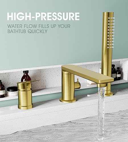 Miniatura 7 de Grifo de bañera romano moderno con boquilla giratoria de 360°, grifo de bañera de montaje en cubierta con ducha de mano, grifo de llenado de bañera