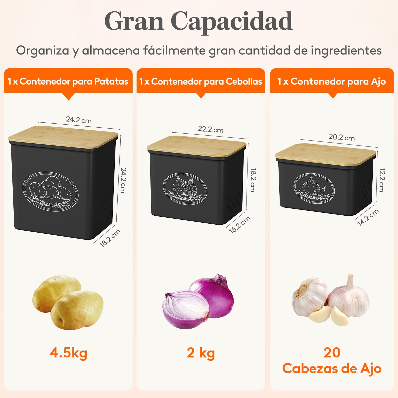 Lifewit Caja para Guardar Patatas, Grande Cesta Cebolla con Tapa y Orificios de Ventilación, Apilables de Plástico para Verduras y frutas de Cocina, 24 cm(H), Negro, 3 Piezas