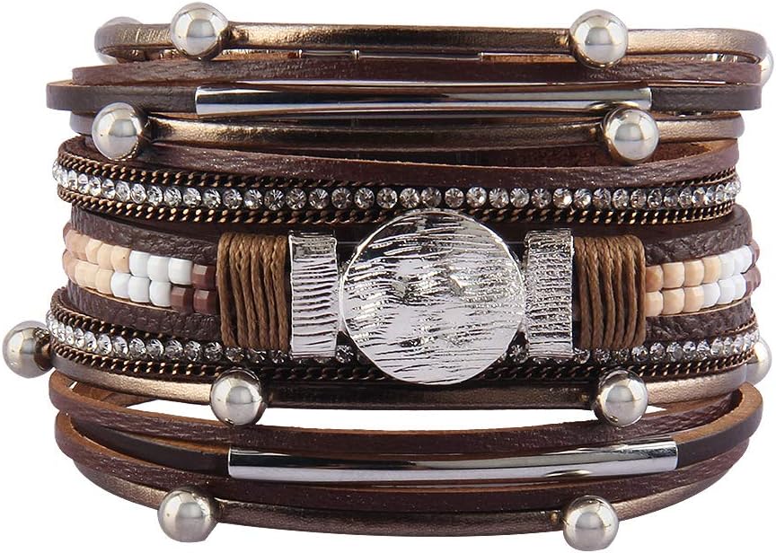 Leather Wrap Bracelet Boho Cuff Bracelets Crystal Leather Bracelet Magnetic Multi Strand Bracelets Bohemian Bracelet Leather Wristbands Bangle Jewelry for Women Teen Wife Mother