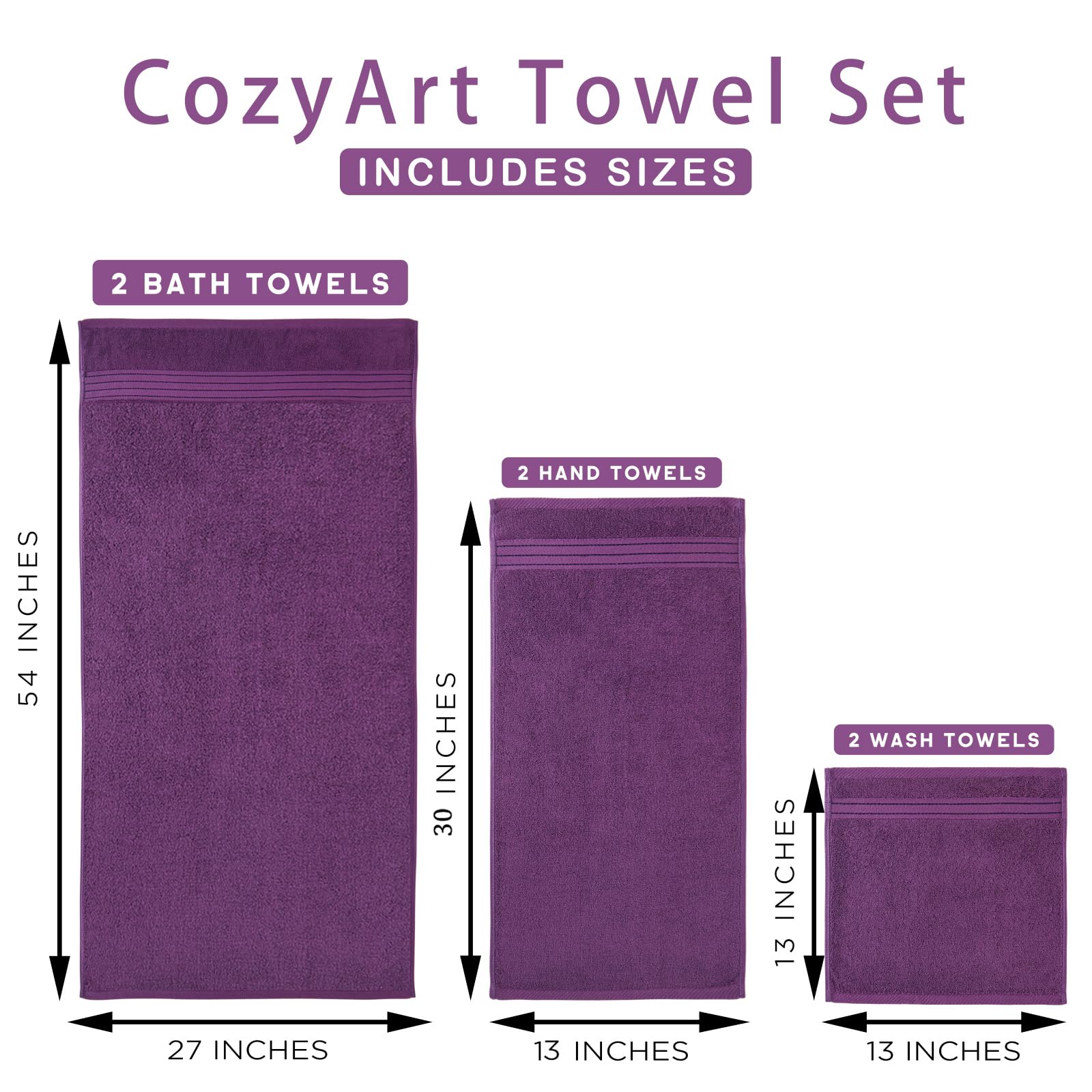 COZYART Juego de toallas de baño moradas para baño, suaves, absorbentes, duraderas, 650 g/m², juego de 6, 2 toallas de baño grandes, 2 toallas de mano, 2 toallas de baño