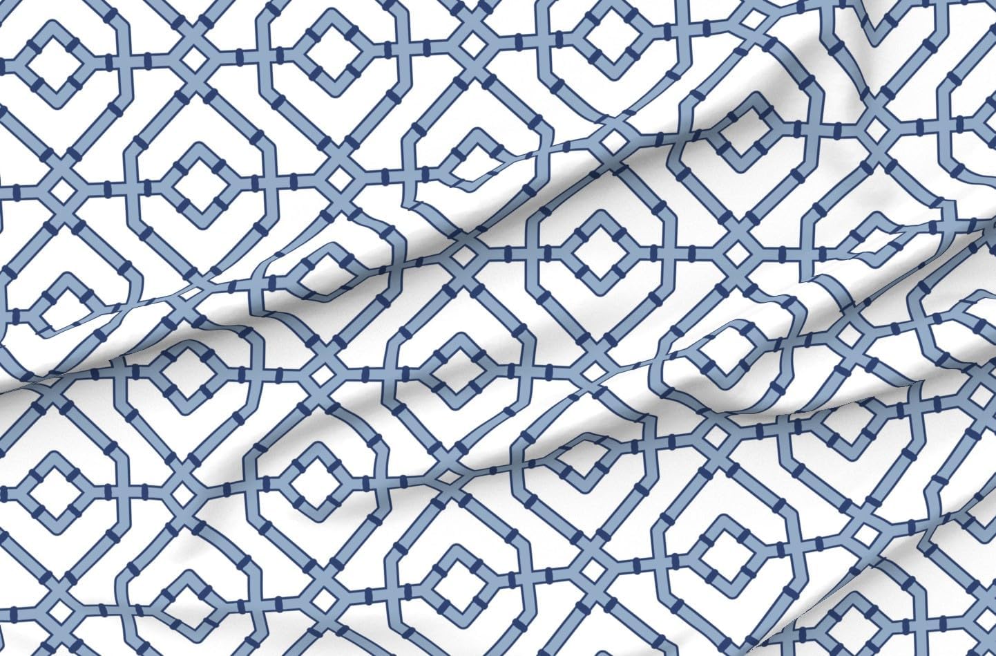 Spoonflower Fabric - Chinoiserie Trellis Blue White Maximalist Lattice Grandmillennial Printed on Chiffon Fabric by The Yard - Upholstery Home Decor Bottomweight Apparel
