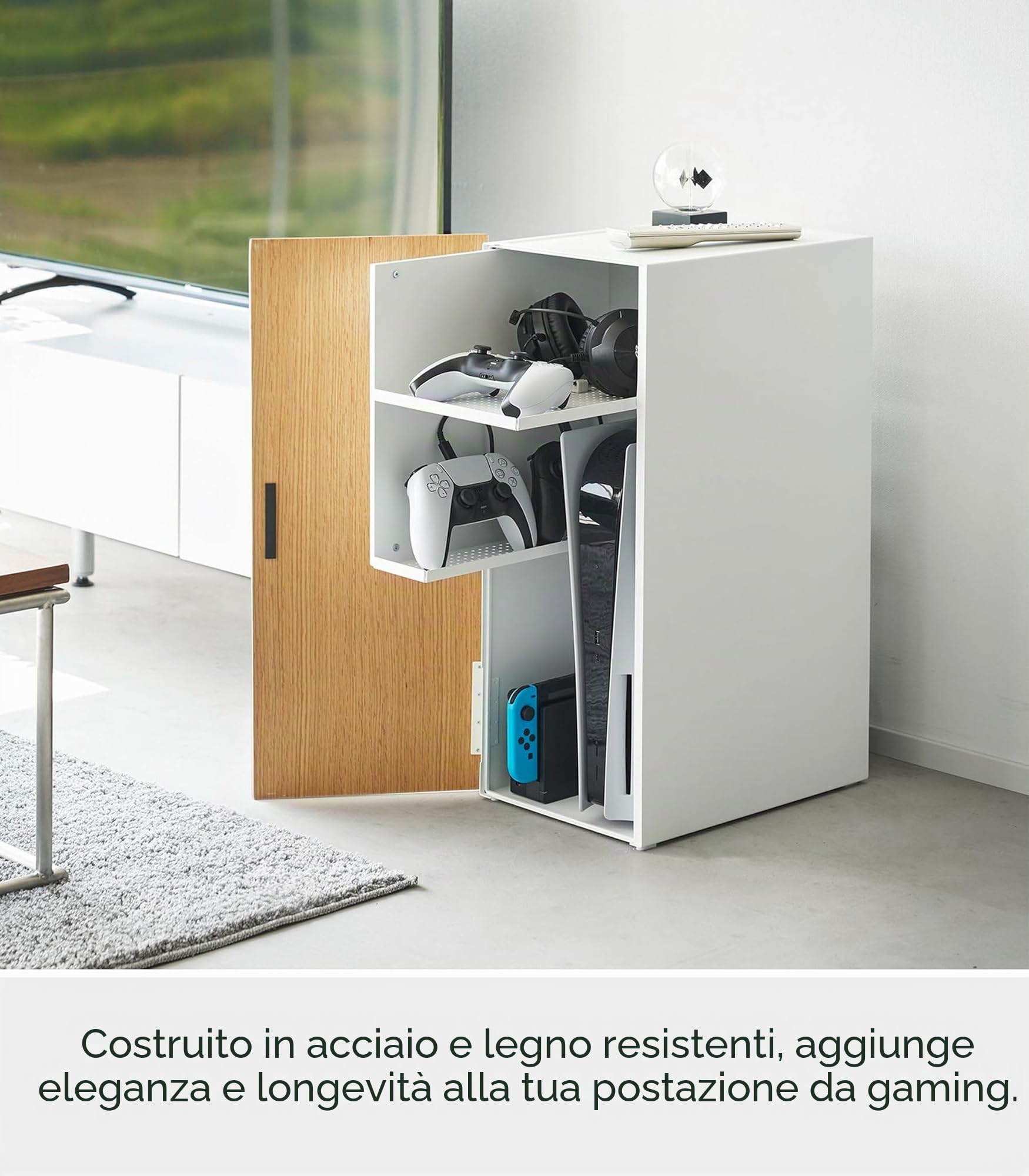 YAMAZAKI 2109 TOWER Game Console Organizer, white, Steel/Wood/Magnet/Silicone, 24.7 x 36.5 x 60.3 cm