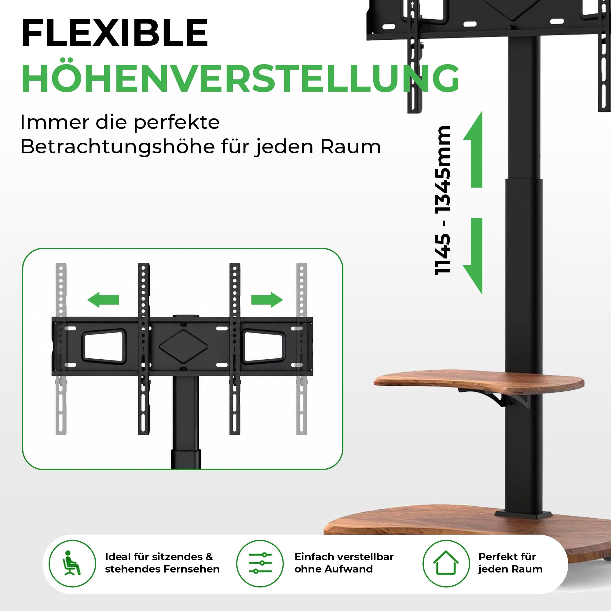 Stellar TV Ständer Rollbar mit Holzregal - höhenverstellbar schwenkbar TV Rollwagen für 32-70 Zoll Fernseher bis 45 kg - Universal TV Standfuss max VESA 600x400