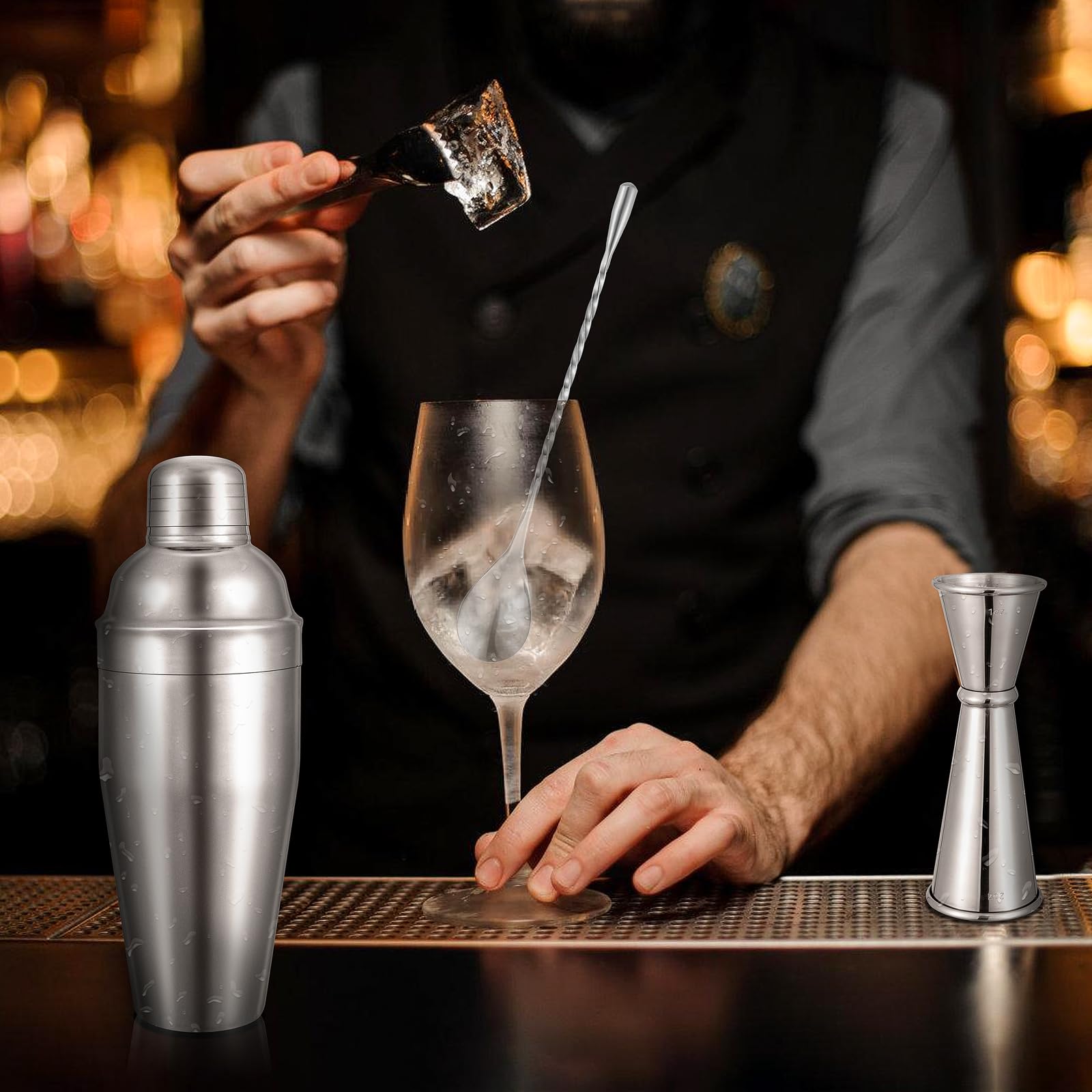 BARsics Shaker per cocktail da bar in acciaio inox da 680,4 g, misurino da 28,3 g/56,7 g e cucchiaio da 20,3 cm
