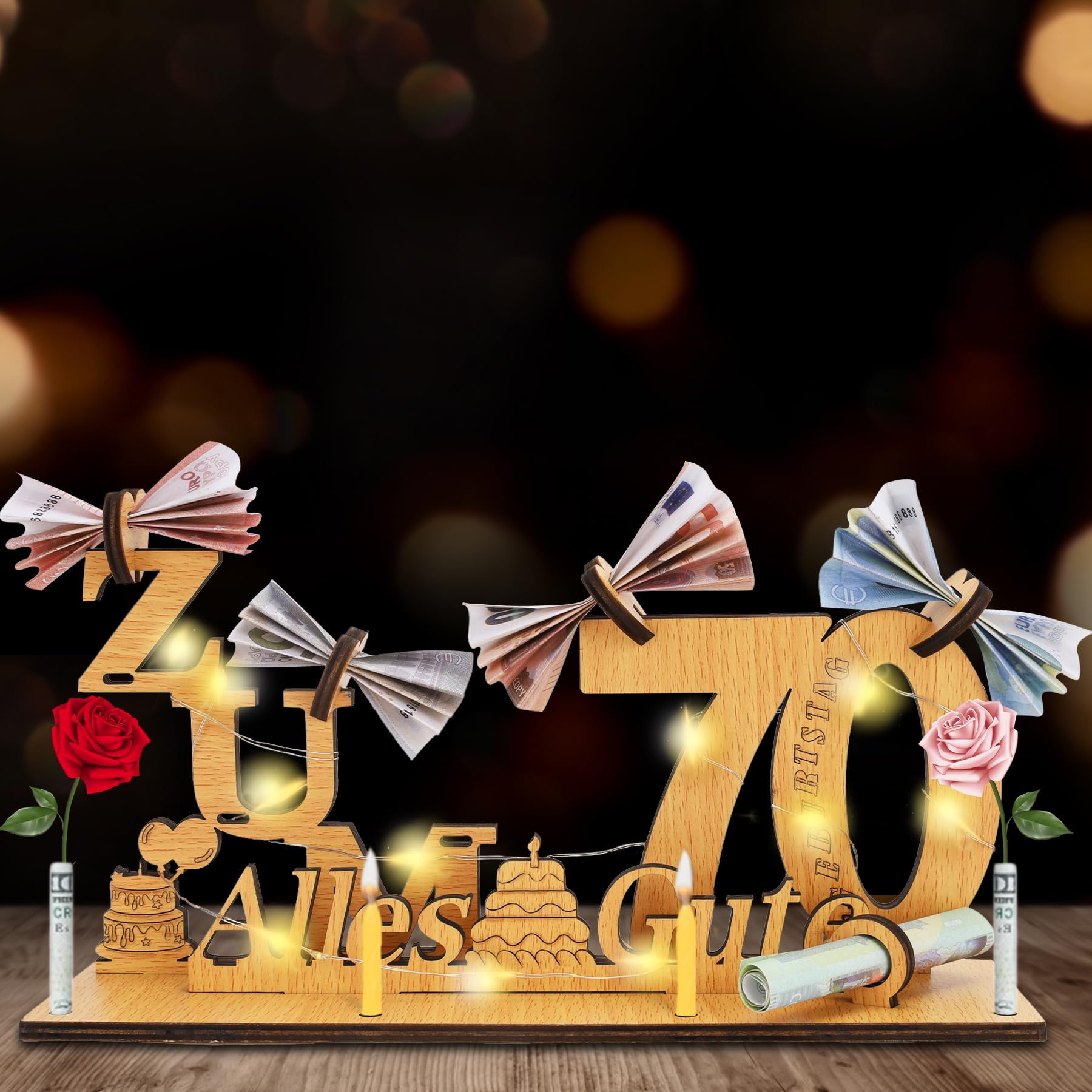 HOTUT Holzschild Gästebuch Für 70. Geburtstag – Personalisierbar Mit LED-Lichterkette, Geschenk Für Frauen & Männer