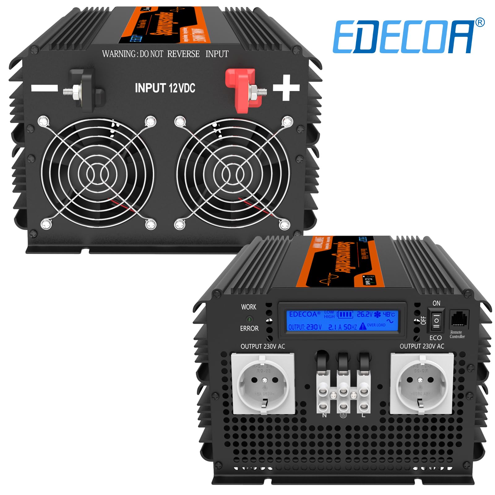 EDECOA inversor 12v 220v Onda Pura 3500w Pantalla LCD convertidor 12v 230v Onda Pura Transformador con Mando a Distancia para Panel Solar Caravana Coche (3a generacion)