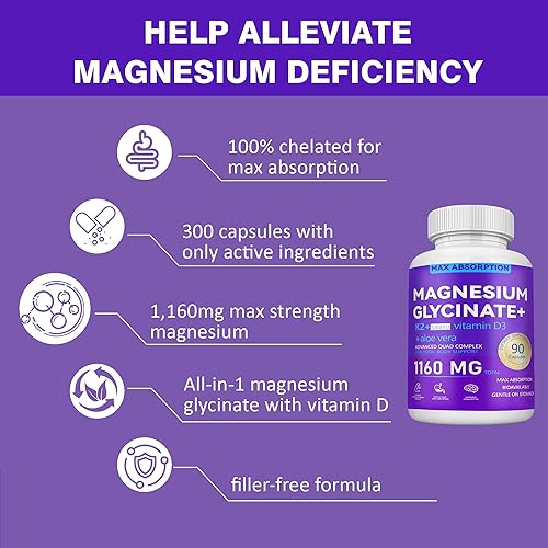 Miniatura 4 de Glicinato de magnesio 1160 mg con aloe vera, vitamina D3 y K2  Fórmula quelada de alta absorción  Apoya la mente tranquila, comodidad muscular y