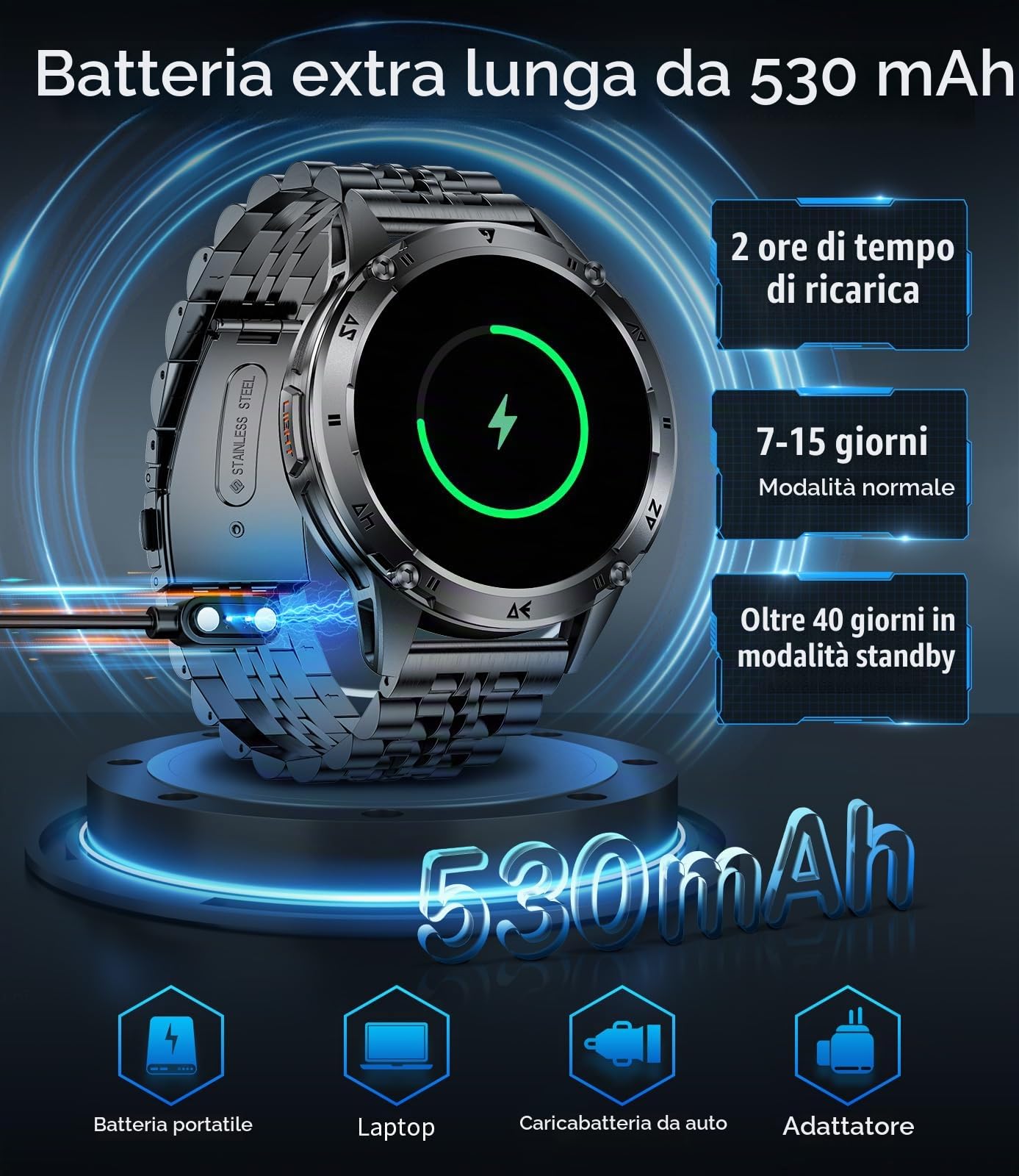 Smartwatch Uomo, Chiamate Bluetooth, 1,43" AMOLED Display Orologio Fitness e Torcia a LED, 110+ Modalità Sportive, Monitoraggio della Frequenza Cardiaca/Sonno, IP68, Android e iOS, Nero Acciaio