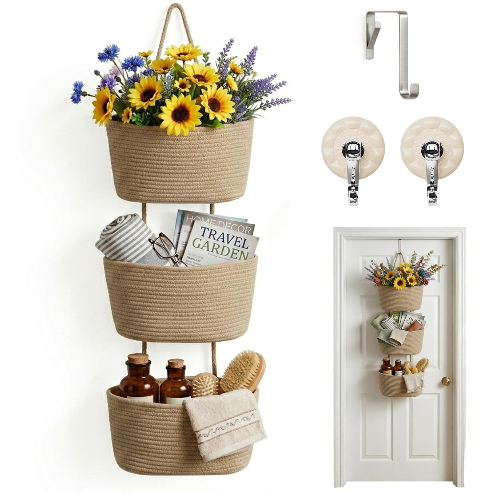 3-Tier Woven Hanging Storage Baskets, Cotton Rope Woven Storage Basket with Hooks, Wall Mount Storage Organiser Bag for Livingroom Kitchen Bedroom Decorative (Brown)
