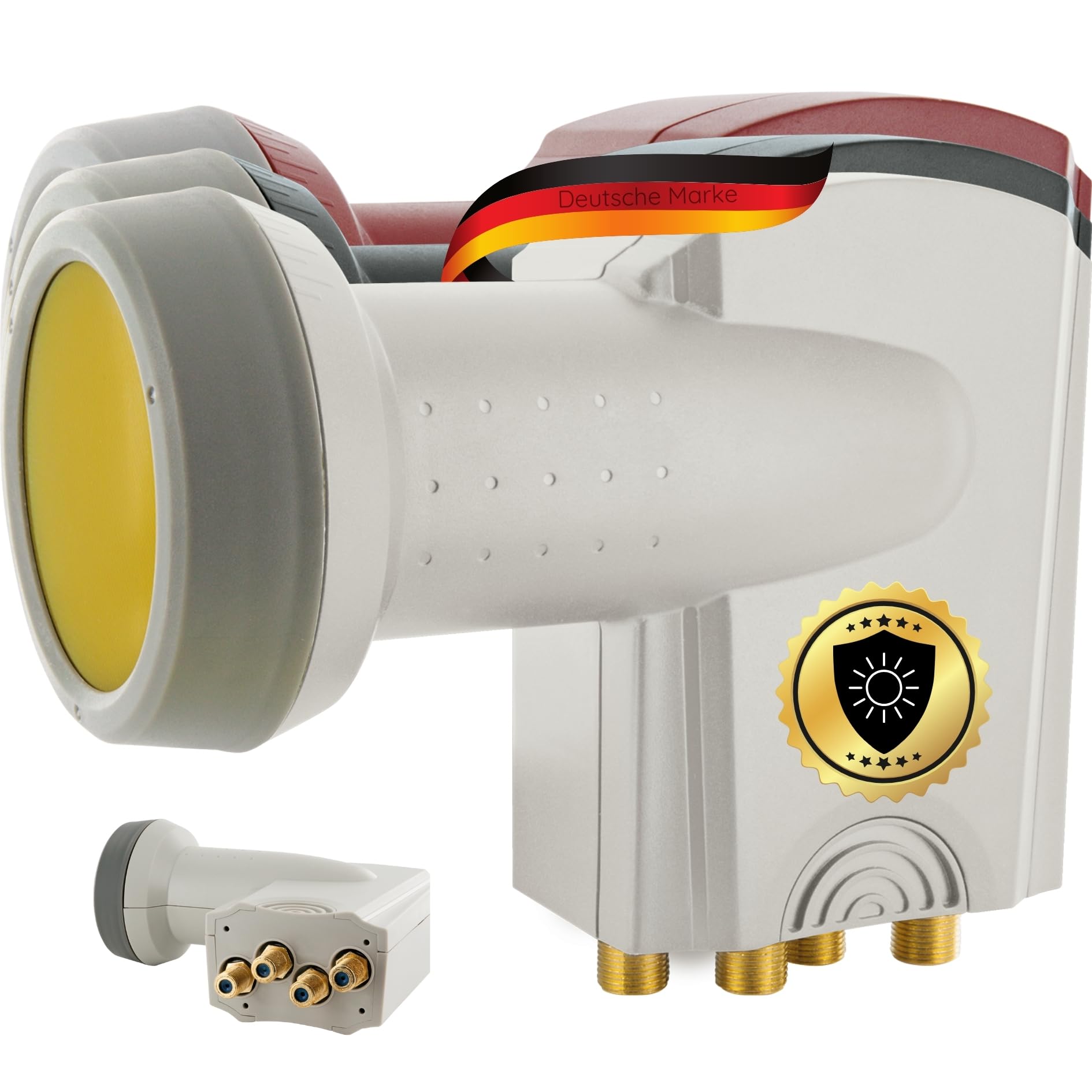 SCHWAIGER -364- Quad LNB z ochroną przeciwsłoneczną, 4-krotny, cyfrowy (4 użytkowniki), wyjątkowo odporny na wysokie temperatury nasadka LNB, zastosowanie z anteną satelitarną, kompatybilny z wieloma feedami z ochroną przed warunkami atmosferycznymi, pozł