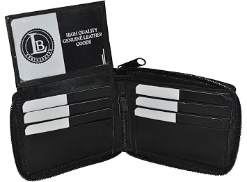 Leatherboss Genuine Leather Zipper Flip up ID secured Card Cash Holder Wallet, Black