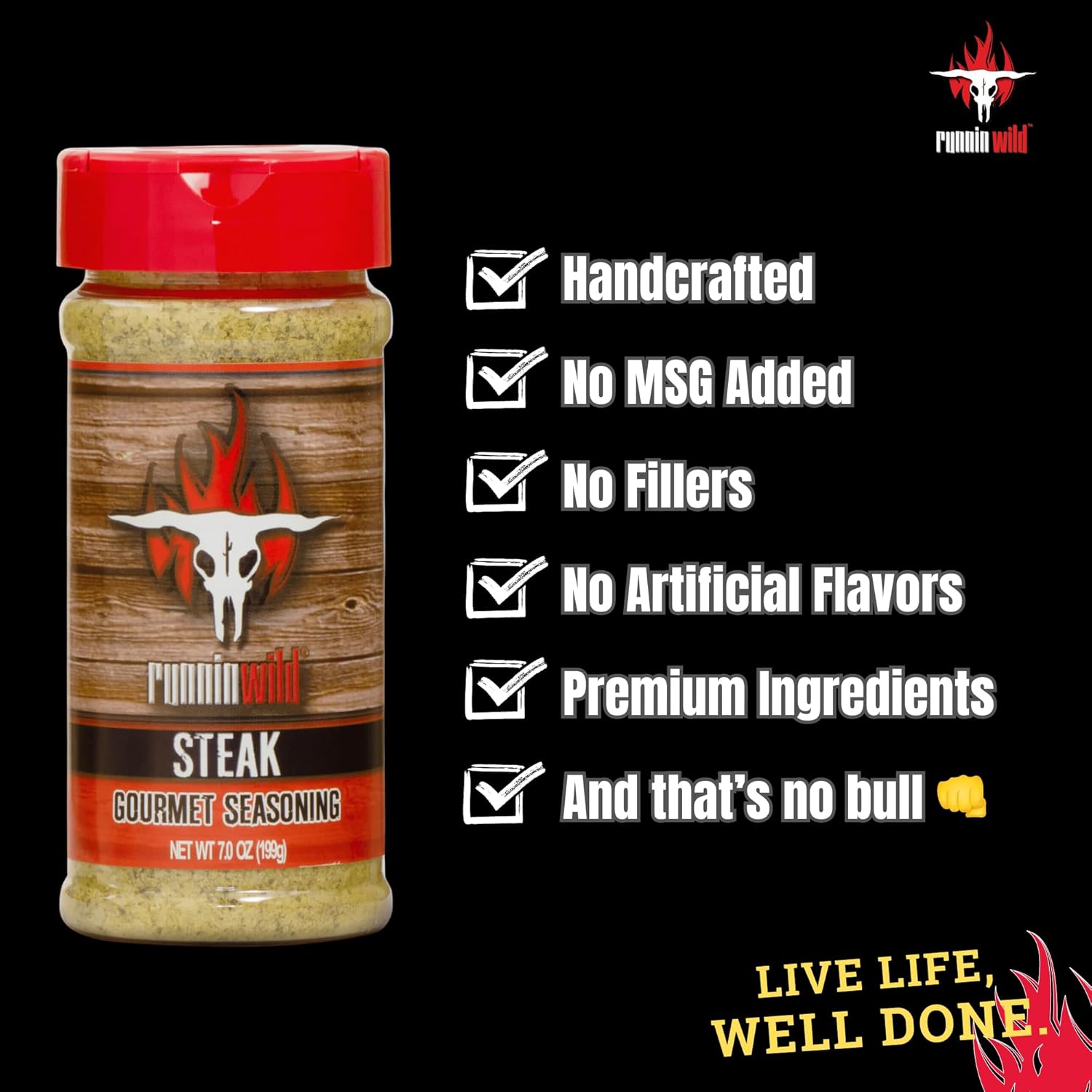 Runnin’ Wild Steak Seasoning – Bold & Savory Smokehouse Flavor | Premium Grilling Spice Rub for Steak, Burgers, Brisket, Lamb & Chicken | No MSG added, No Artificial Flavors or Fillers - 7.0 ounces - Image 3