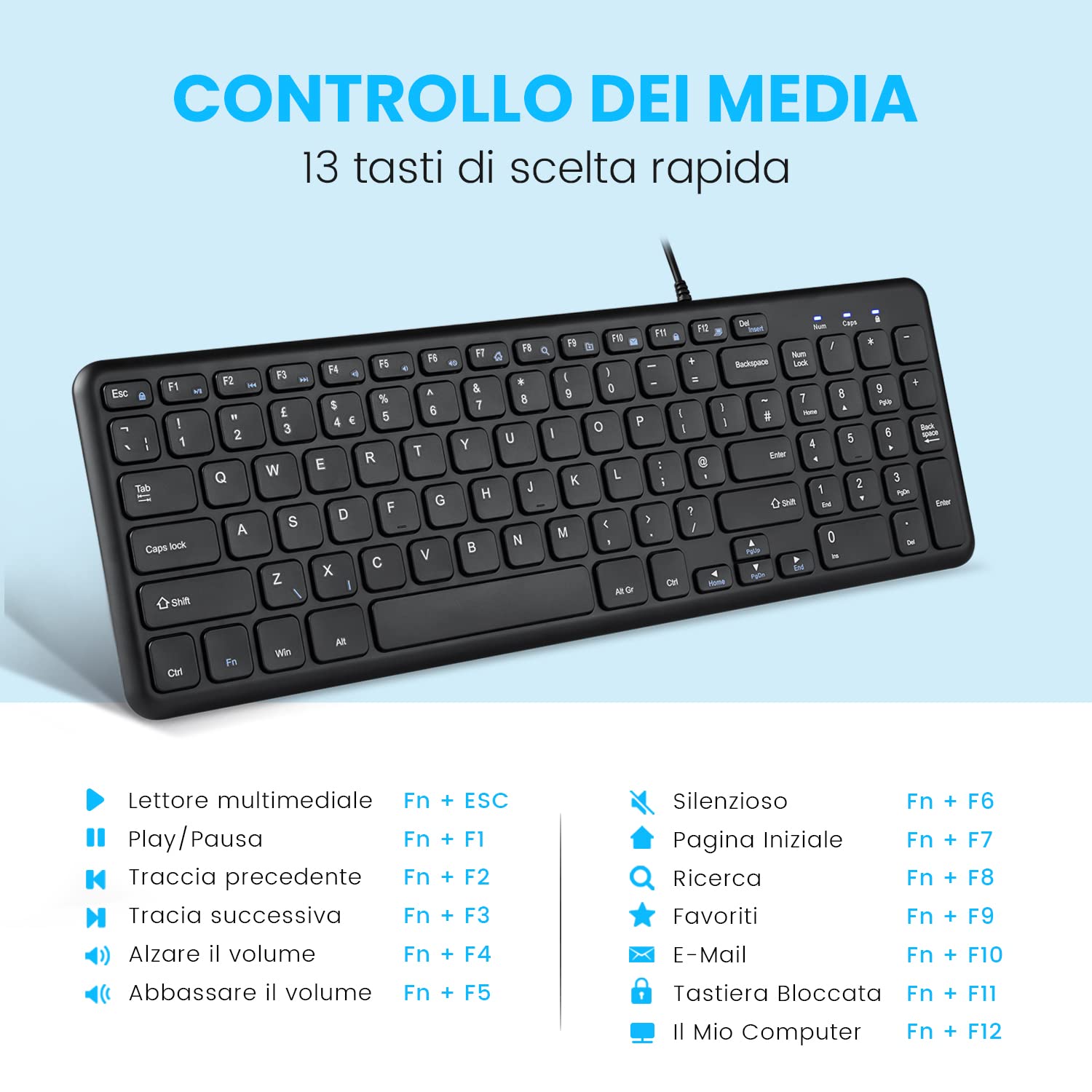 Perixx PERIBOARD-213B - Tastiera USB compatta cablata con tastierino numerico - Tasti silenziosi a basso profilo - Interruttori a forbice - Tasti multimediali - Layout italiano - Nero